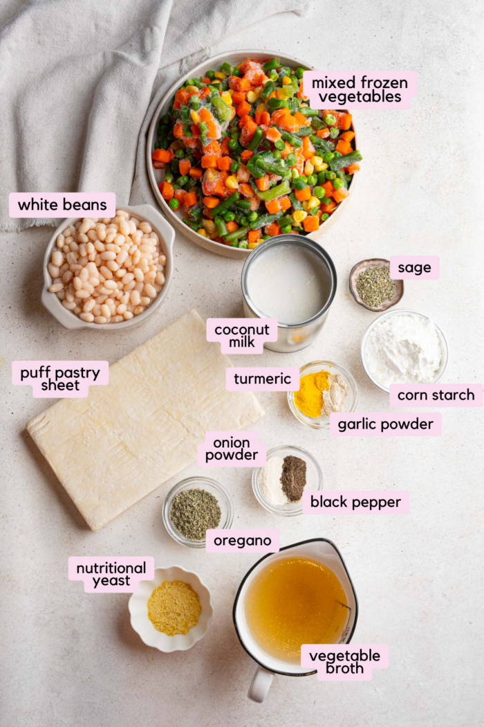 Ingredients for the veggie pot pie laid out and labeled on a ligth background.