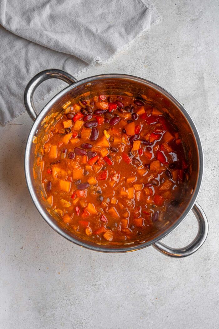 A pot of sweet potato black bean chili.