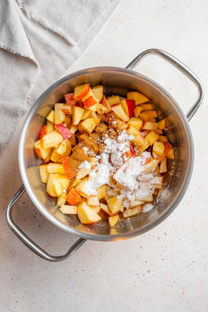 Apples, spices, and other flavorings in a steel pot.