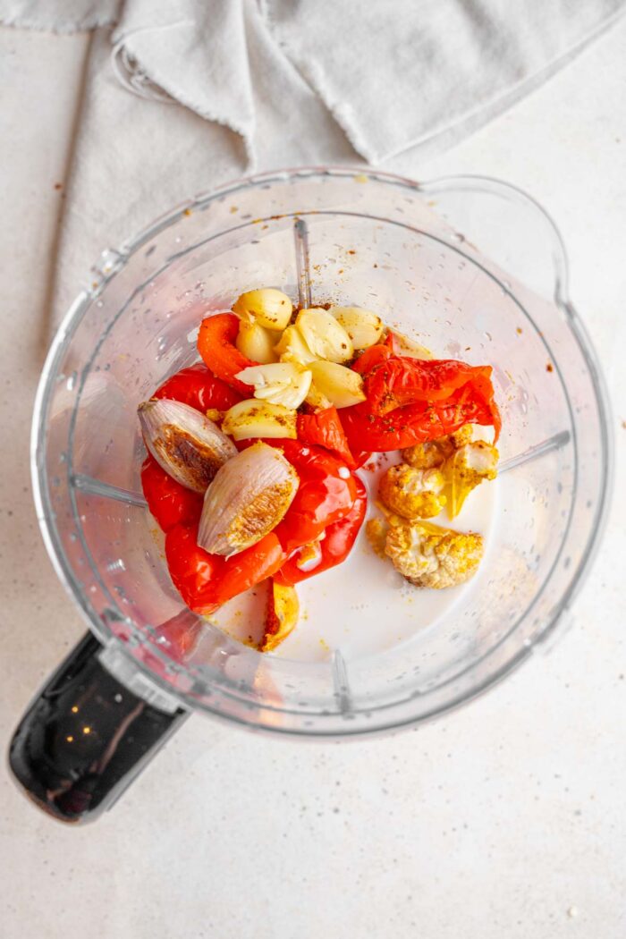 Roasted veggies in a high-speed blender.