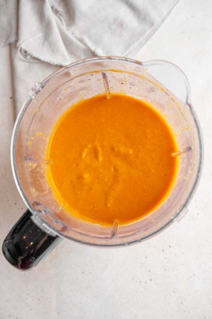 Sweet potato cauliflower soup blended all together in a high-speed blender.