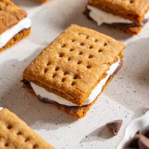 Vegan frozen smores laid out on a ligth background.