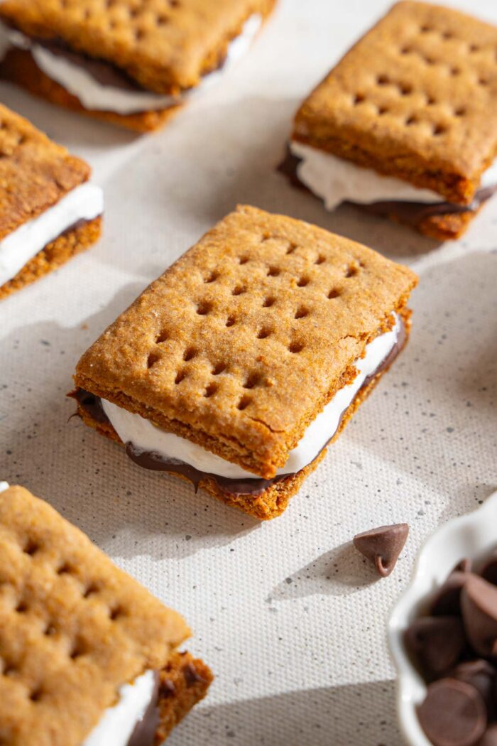Vegan frozen smores laid out on a ligth background.