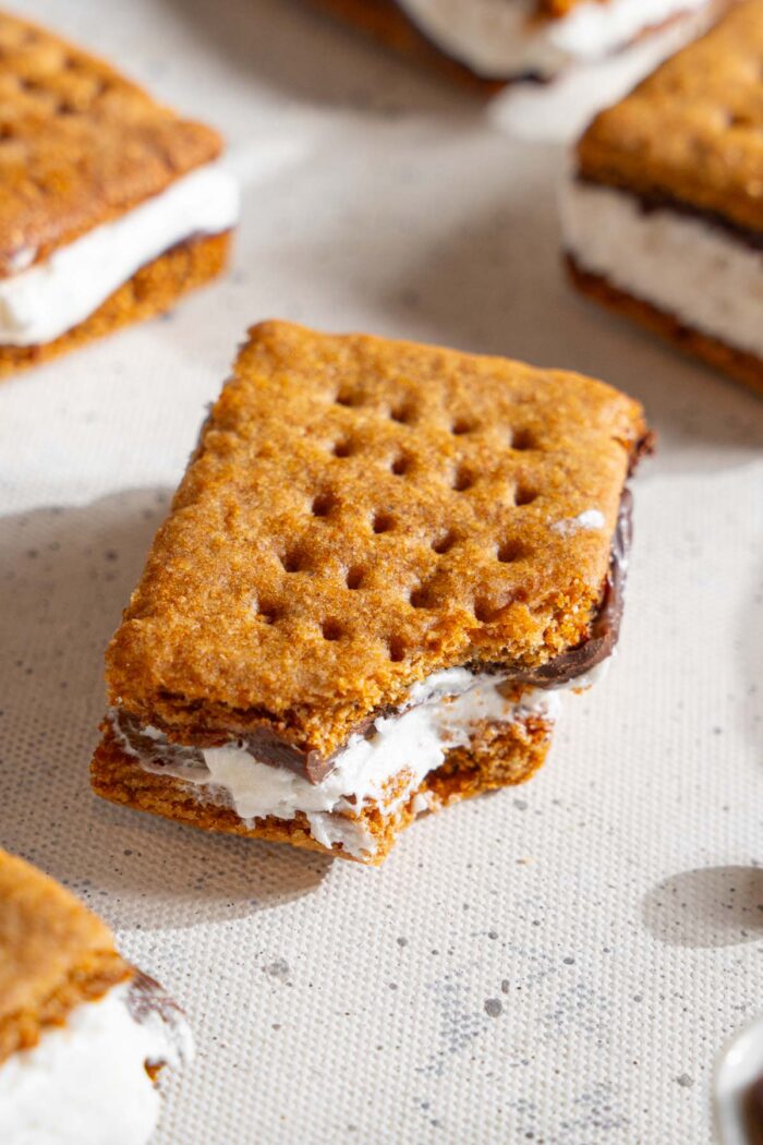 Vegan frozen smore with a bite taken out.