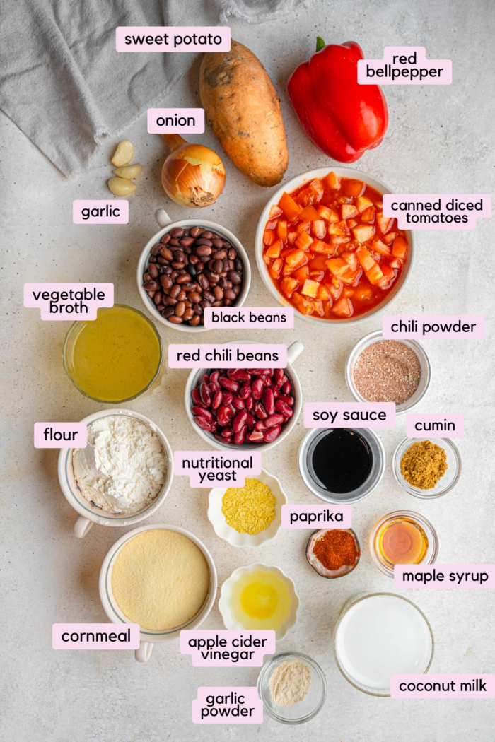 Ingredients for the sweet potato black bean chili, including cornbread crust ingredients.