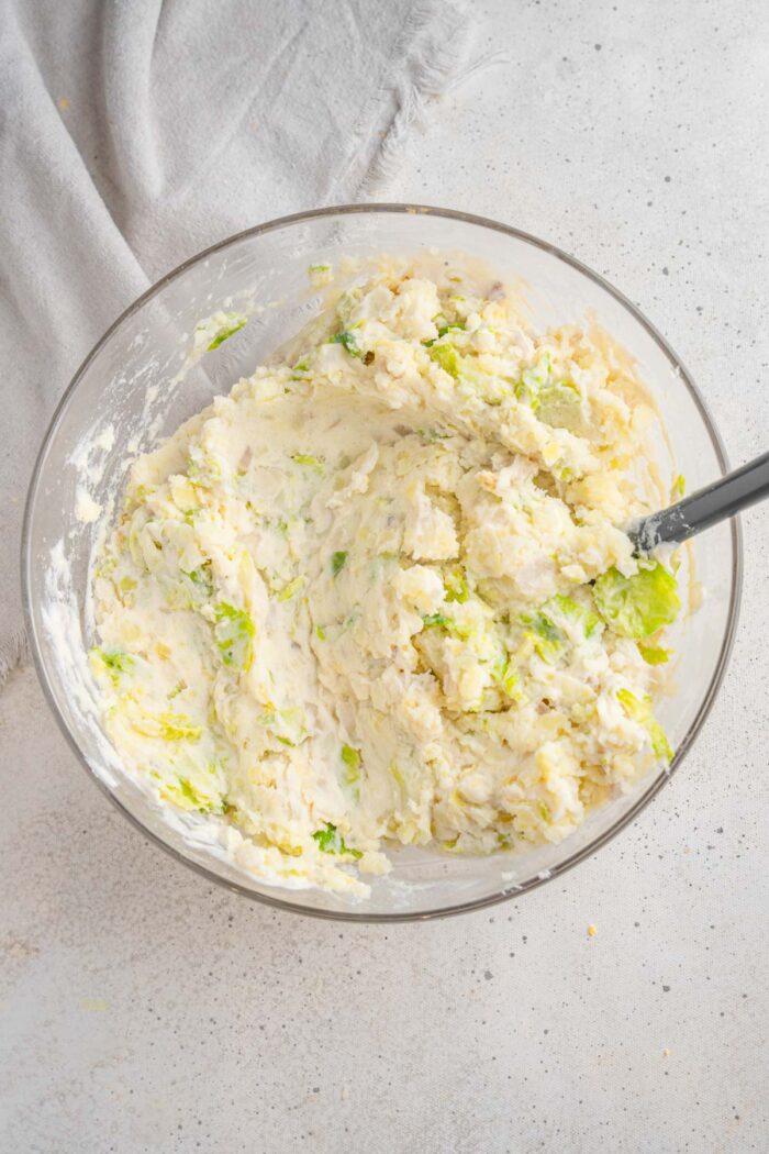 Rumbledethumps mixture in a glass bowl.