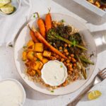Quinoa sweet potato bowl photographed from above.