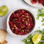 Cranberry salsa in a dip serving dish.