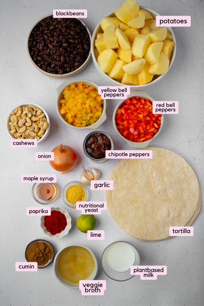 Black bean burritos ingredients laid out and labeled on a white background.