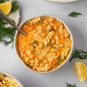 Creamy vegetable soup served in a large bowl.
