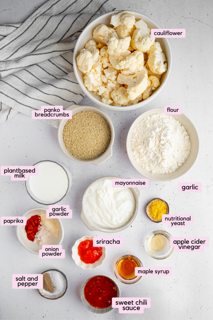 Bang Bang Cauliflower ingredients laid out and labeled on a white background.