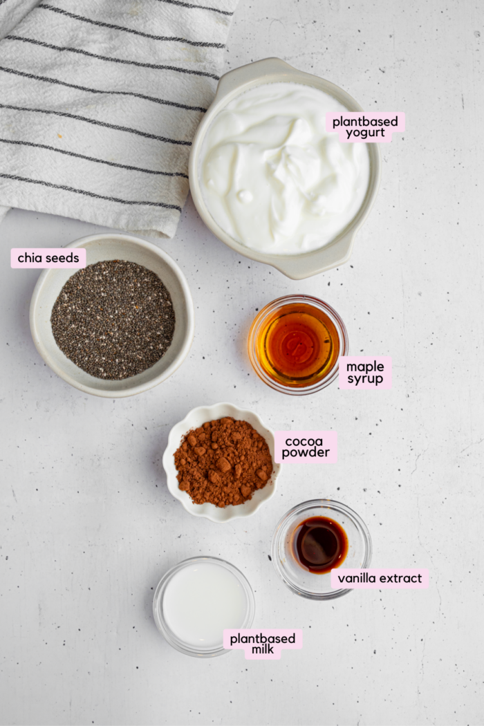 Chocolate chia pudding ingredients on a light background, labeled.