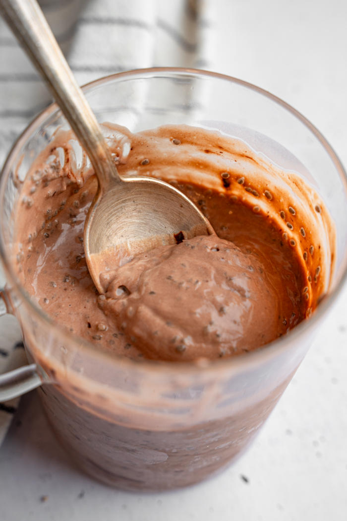 A close-up shot of the set chia pudding consistency.