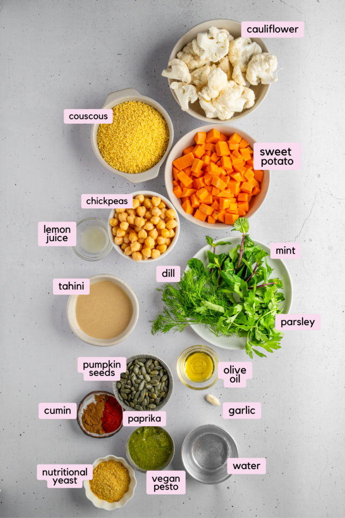 Ingredients for the cauliflower sweet potato couscous salad laid out and labeled on a white background.