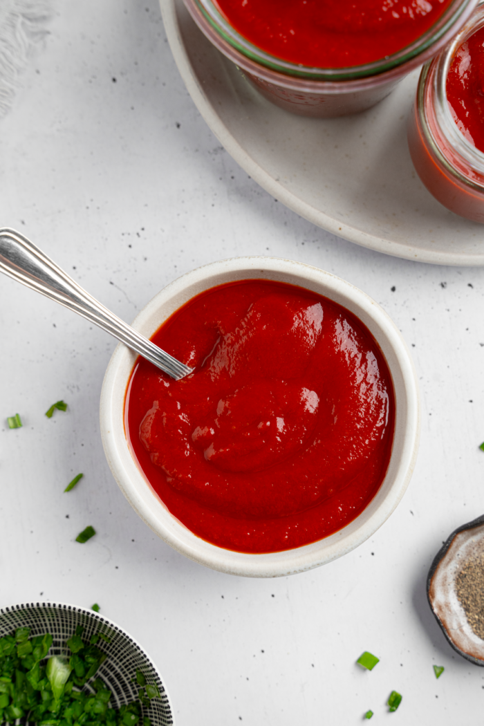 A small bowl with homemade ketchup.