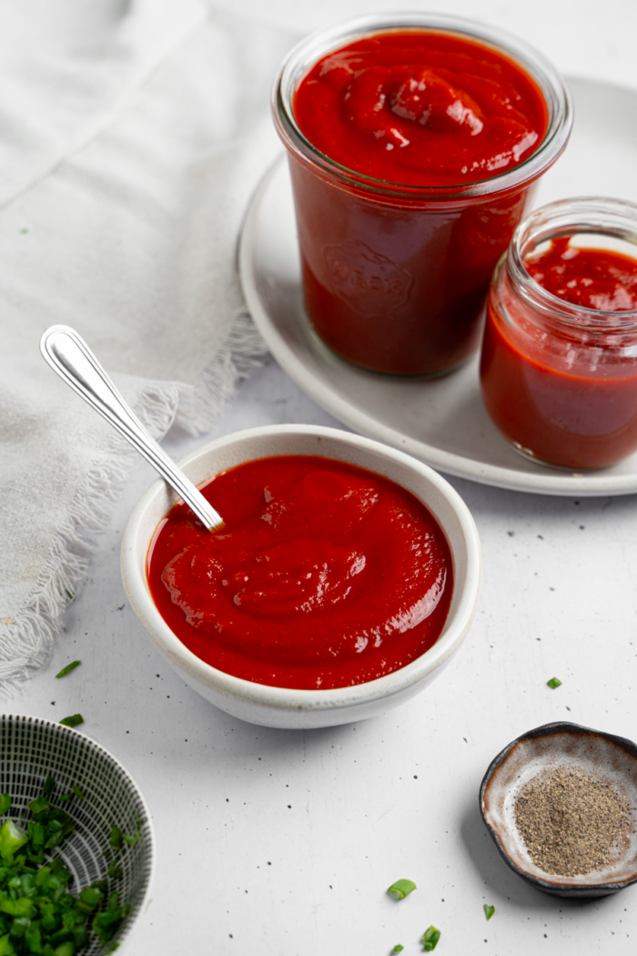 A composed shot of homemade ketchup in a small white bowl with a spoon sticking out, more ketchup in the background.