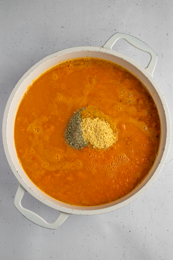 Vegetable soup base, mixed with Italian seasoning, nutritional yeast, and boiling vegetable broth.
