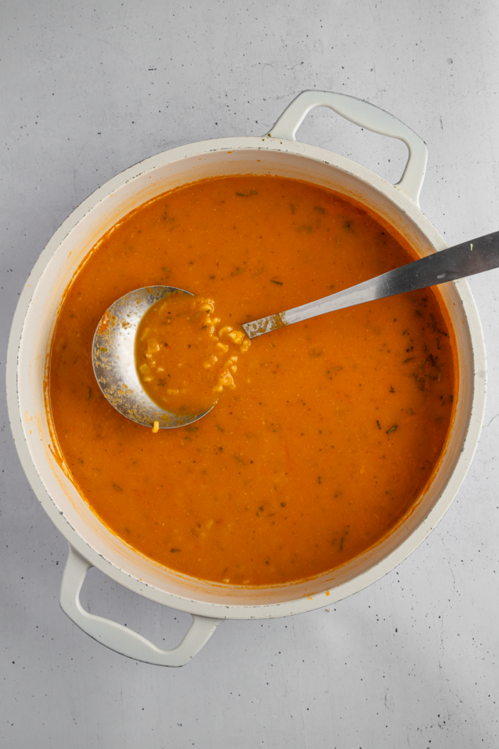 Healthy alphabet soup with the pasta stirred in, and a ladle sticking out of the pot.