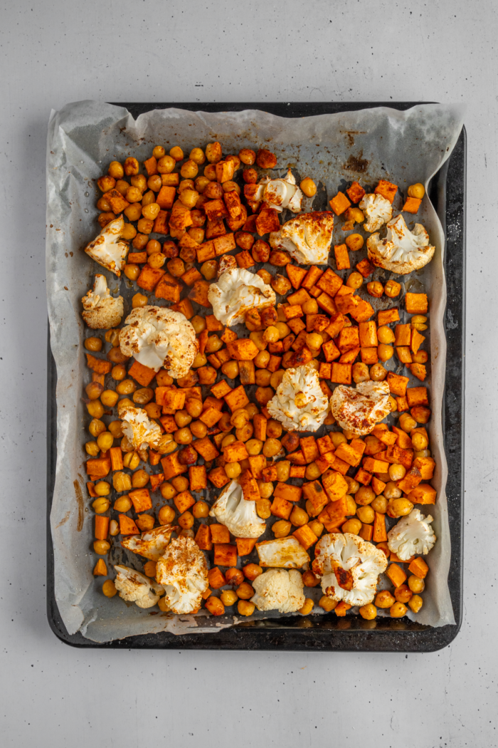 Roasted vegetabes and chickpeas fresh from the oven.