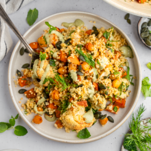 Sweet potato and cauliflower herb couscous salad title image.