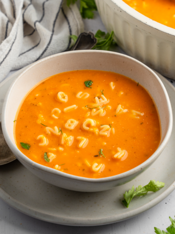 Healthy alphabet soup served in a ceramic bowl with some fresh herbs.