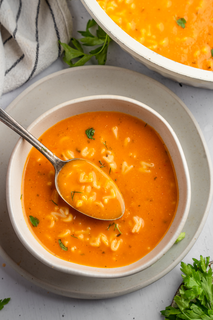 Healthy alphabet soup with a spoonful of soup and letters lifted out.
