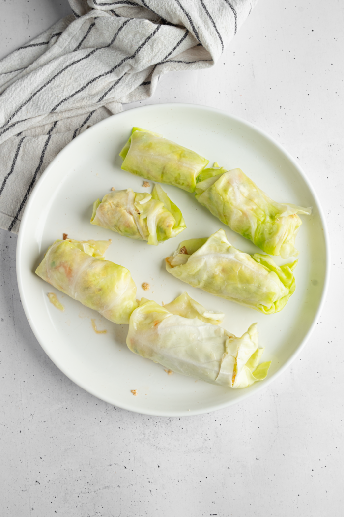Raw cabbage rolls assembled on a white ceramic plate.