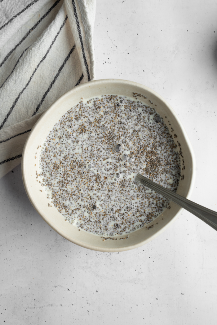 Chia seeds and coconut milk together in a bowl.