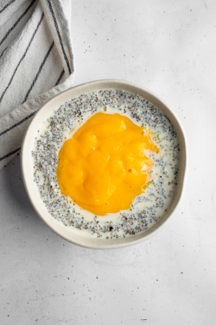 Mango puree mixed with chia and coconut, as well as maple syrup.