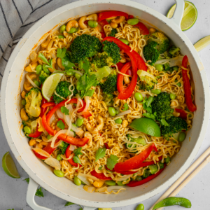 One pan curry noodles still in a pan.