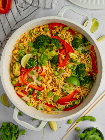 One pan curry noodles still in a pan.