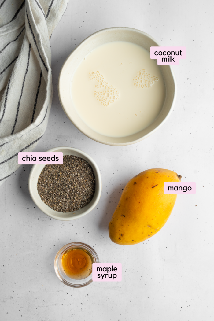 Ingredients for mango chia pudding laid out and labeled on a light background.