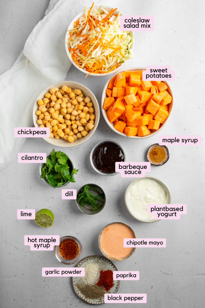 Sweet potato chickpea bowl ingredients laid out and labeled.