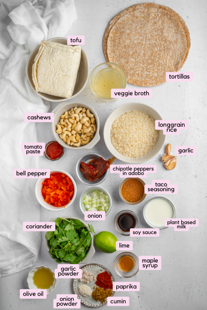 Meal prep burritos ingredients, including rice, tofu filling, and creamy chipotle sauce.