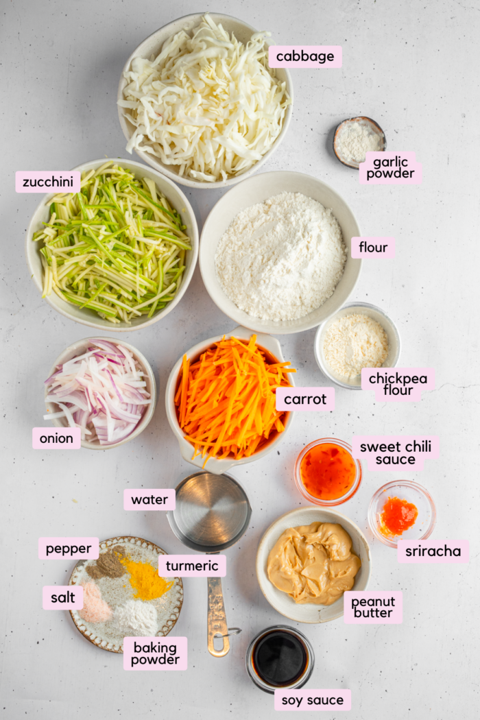 Vegetable pancake ingredients laid out and labeled on a light background.