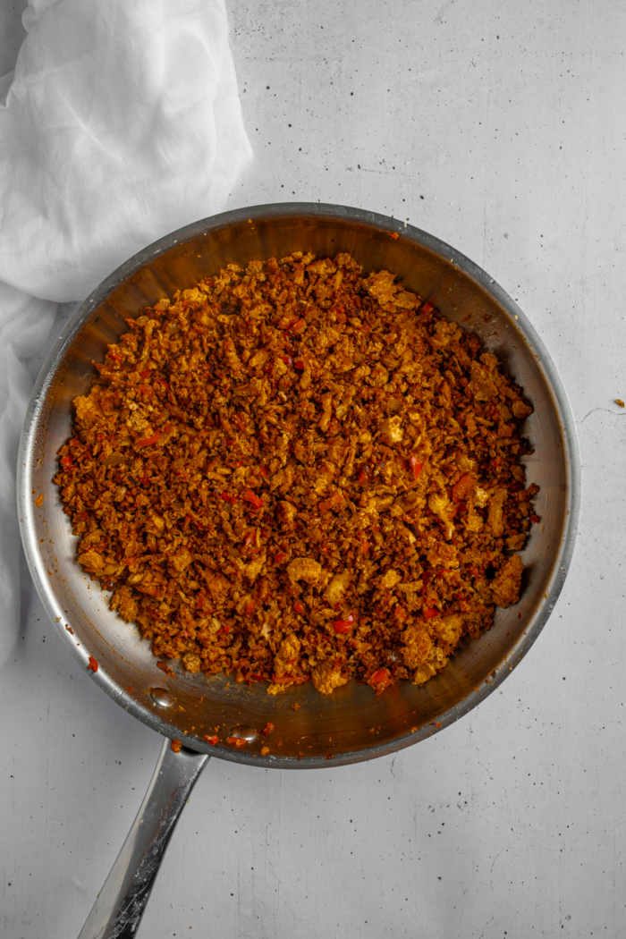 Tofu "beef" crumble in a frying pan.