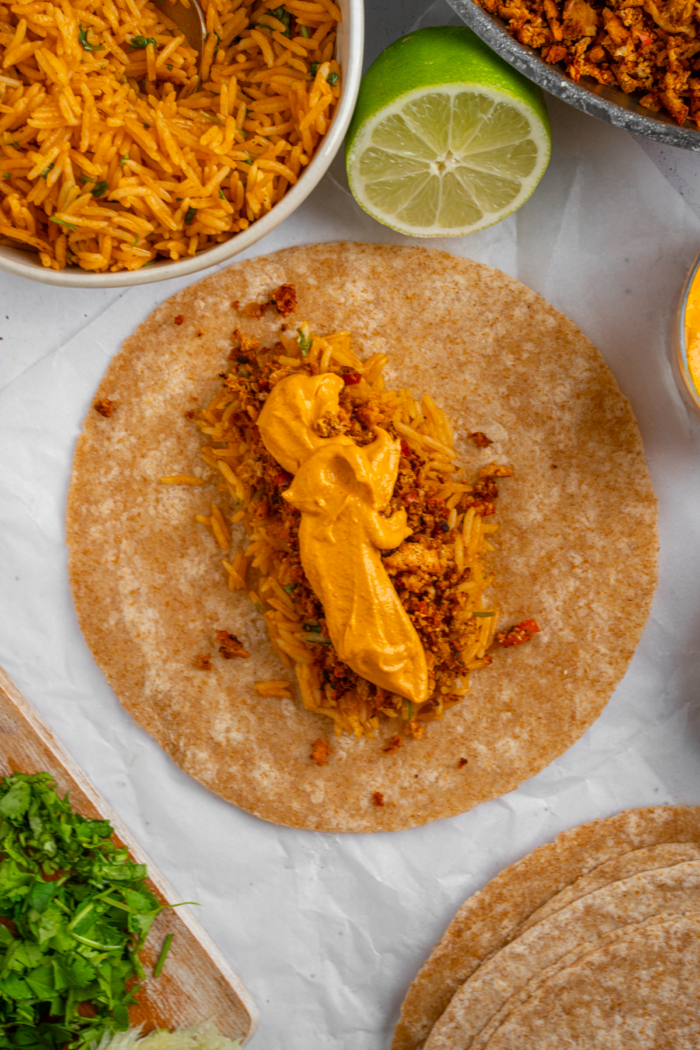 Delicious creamy chipotle taco sauce added to the tofu burrito.