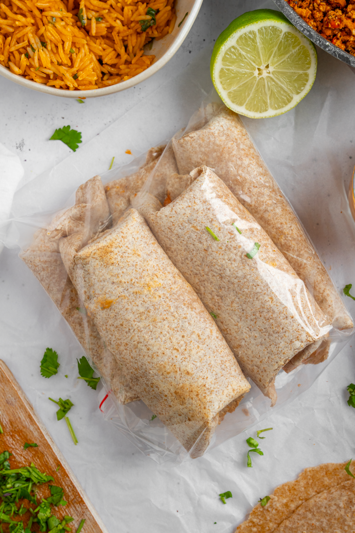 Meal prep burritos in a ziploc bag.