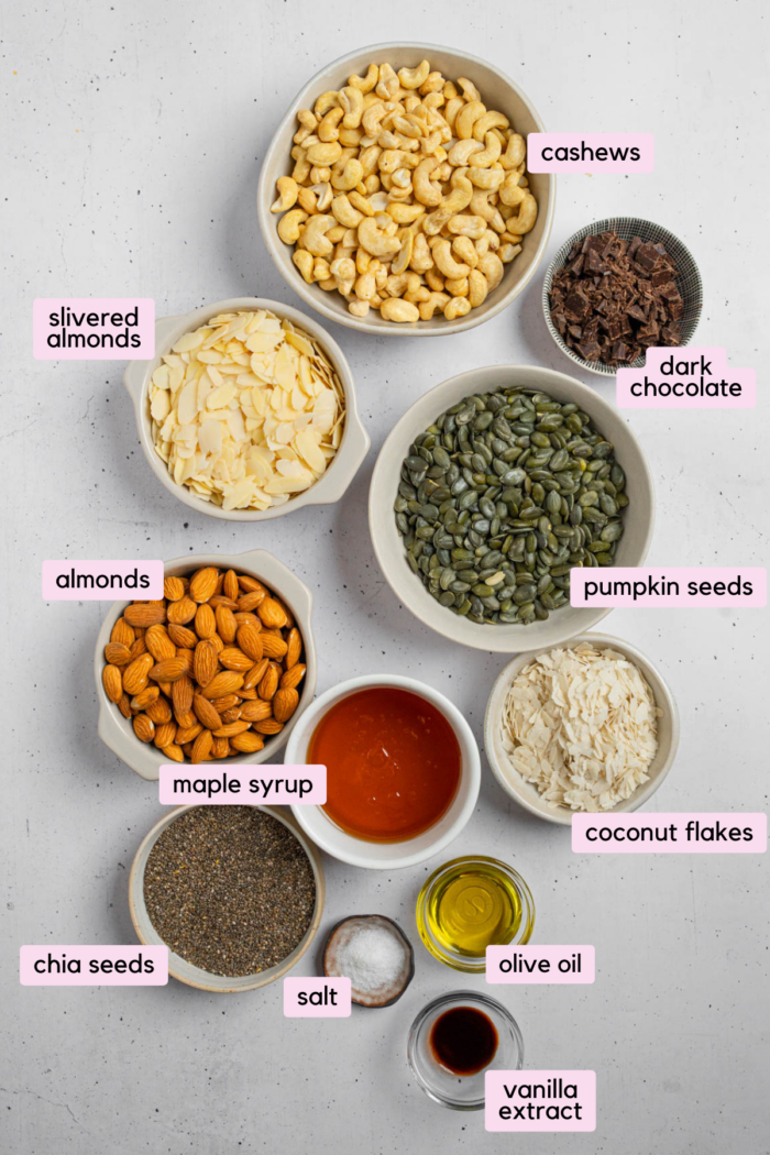 Ingredients for the nut and seed energy bars laid out and labeled on a light background.