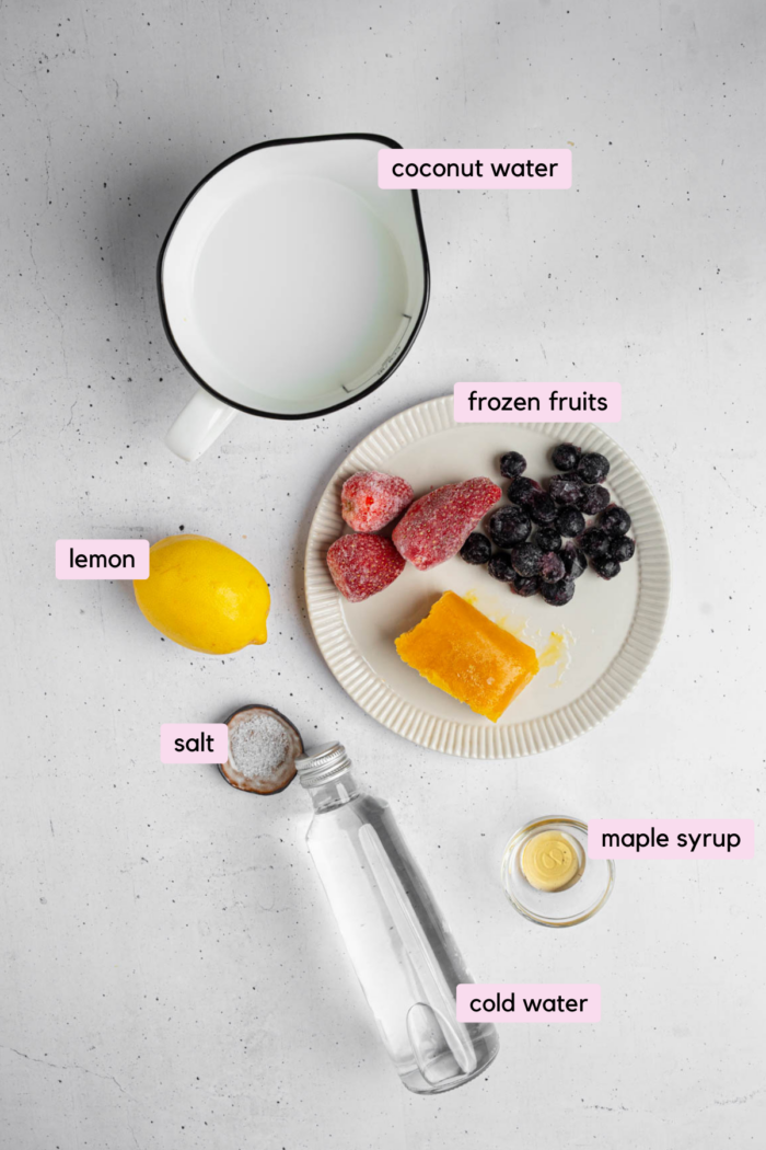 Ingredients for homemade electrolyte drinks laid out and labeled on a white background.