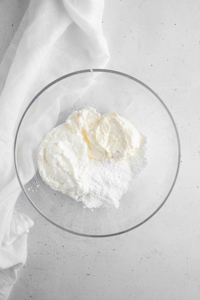 Creamy filling ingredients together in the mixing bowl.