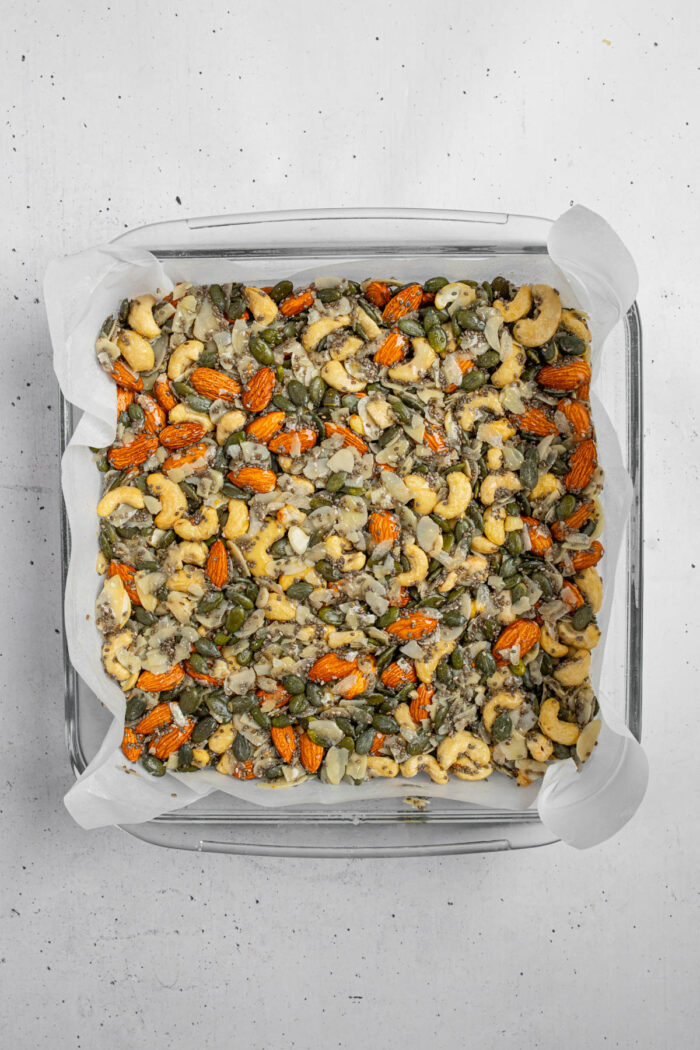 Mixture pressed into a rectangular baking sheet.