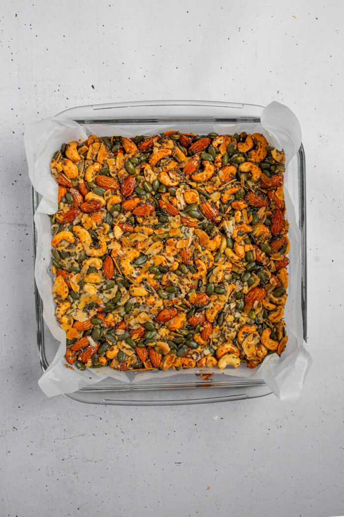Nut and seed bar mixture after baking in the oven for 25-30 minutes.