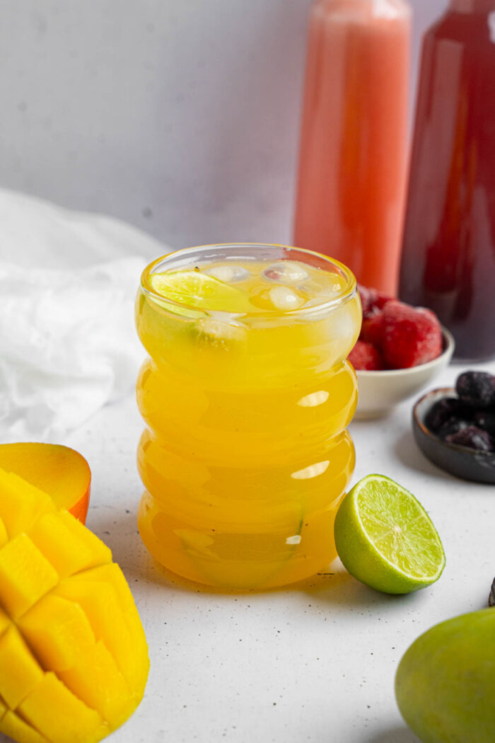 Mango flavored homemade electrolyte drink.