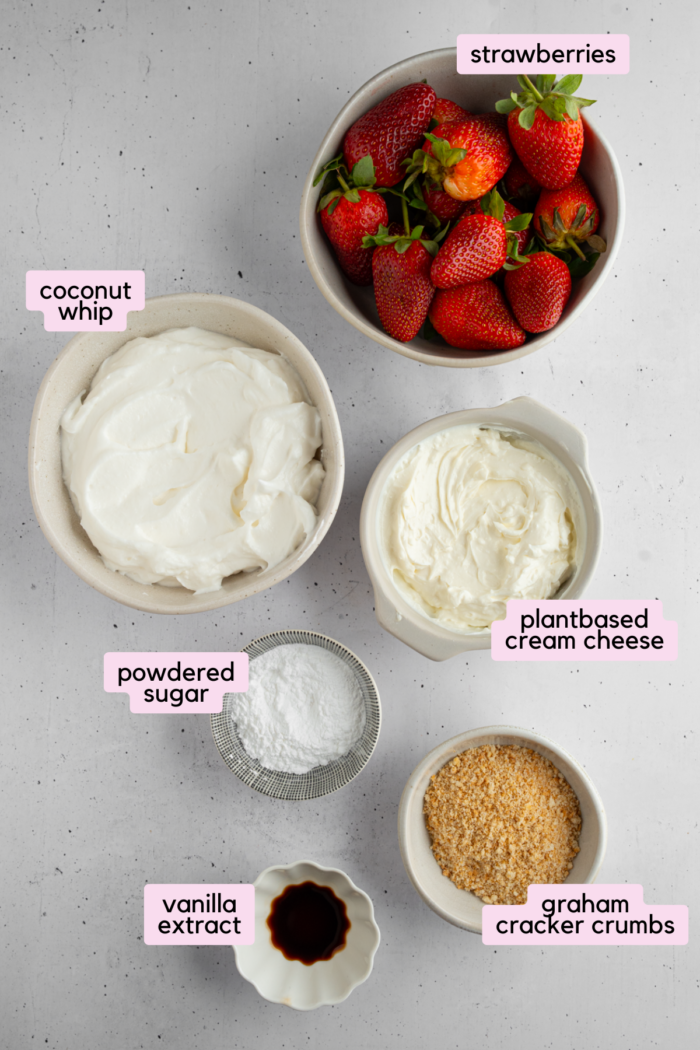 Ingredients for deviled strawberries laid out and labeled on a white background.
