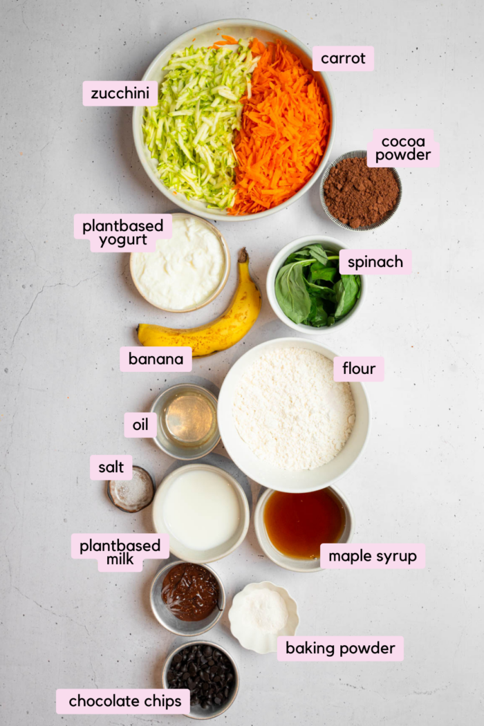 Ingredients for hidden veggie muffins laid out and labeled on a white background.