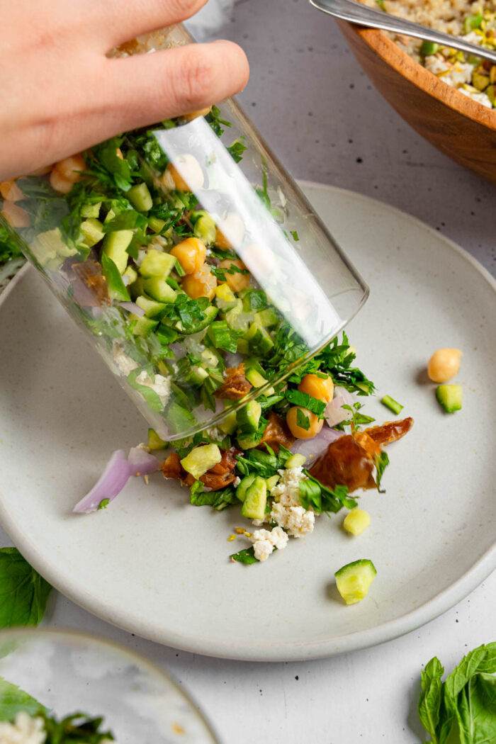 How to serve Vegan couscous salad with feta and mint that had been meal prepped in a jar.