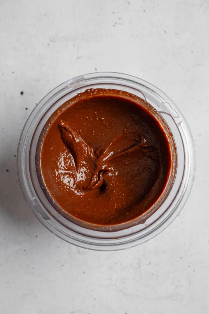 Blended rice chocolate pudding still in the high speed blender.