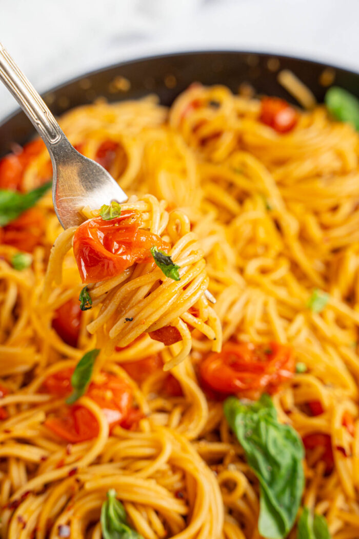 A fork with some one pot cherry tomato basil spaghetti wrapped around at the foreground of the photo.
