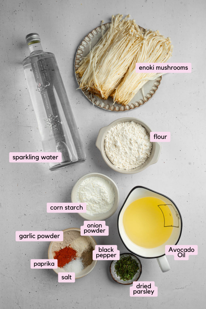 The ingredients for vegan fried chicken laid out and clearly labeled on a light background.